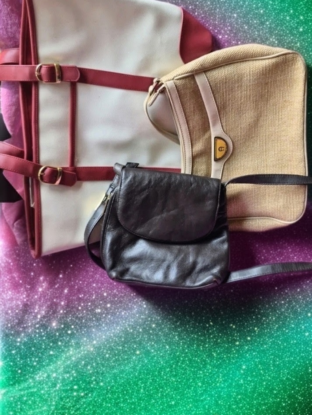 Elizabeth Arden Black Leather Crossbody with Pink-Trim Tote